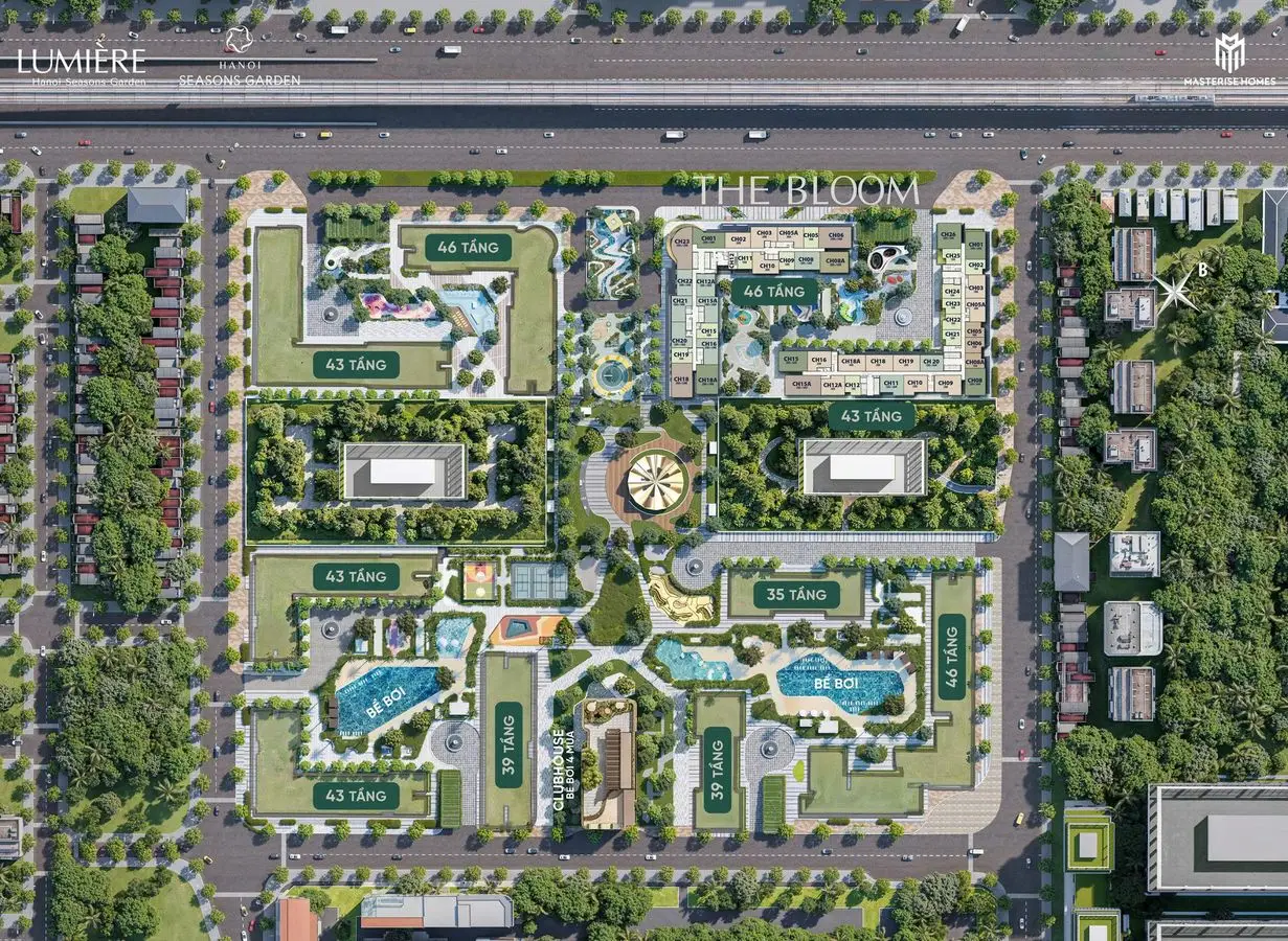 Sơ đồ mặt bằng tổng thể LUMIÈRE Hanoi Seasons Garden, đánh dấu vị trí toà L1 và L2