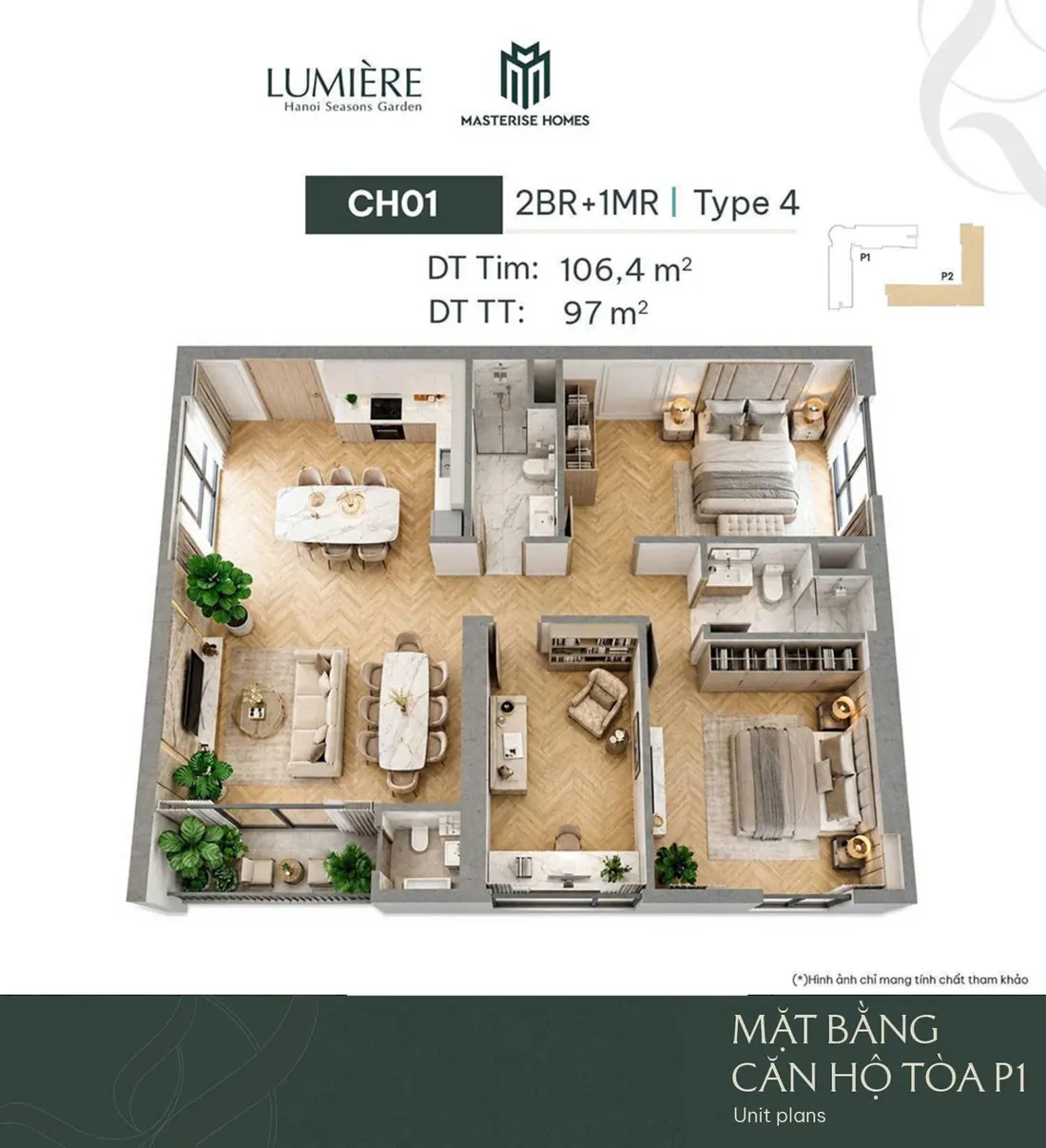 Mặt bằng minh hoạ căn 2PN / 2PN+ LUMIÈRE Hanoi Seasons Garden