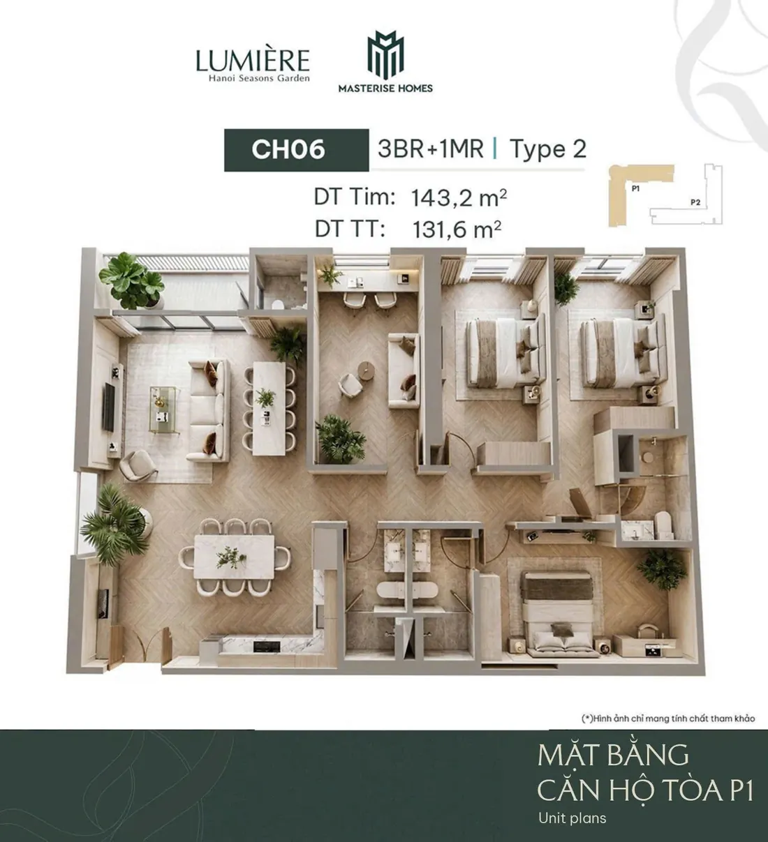 Mặt bằng minh hoạ căn 3PN / 3PN+ LUMIÈRE Hanoi Seasons Garden