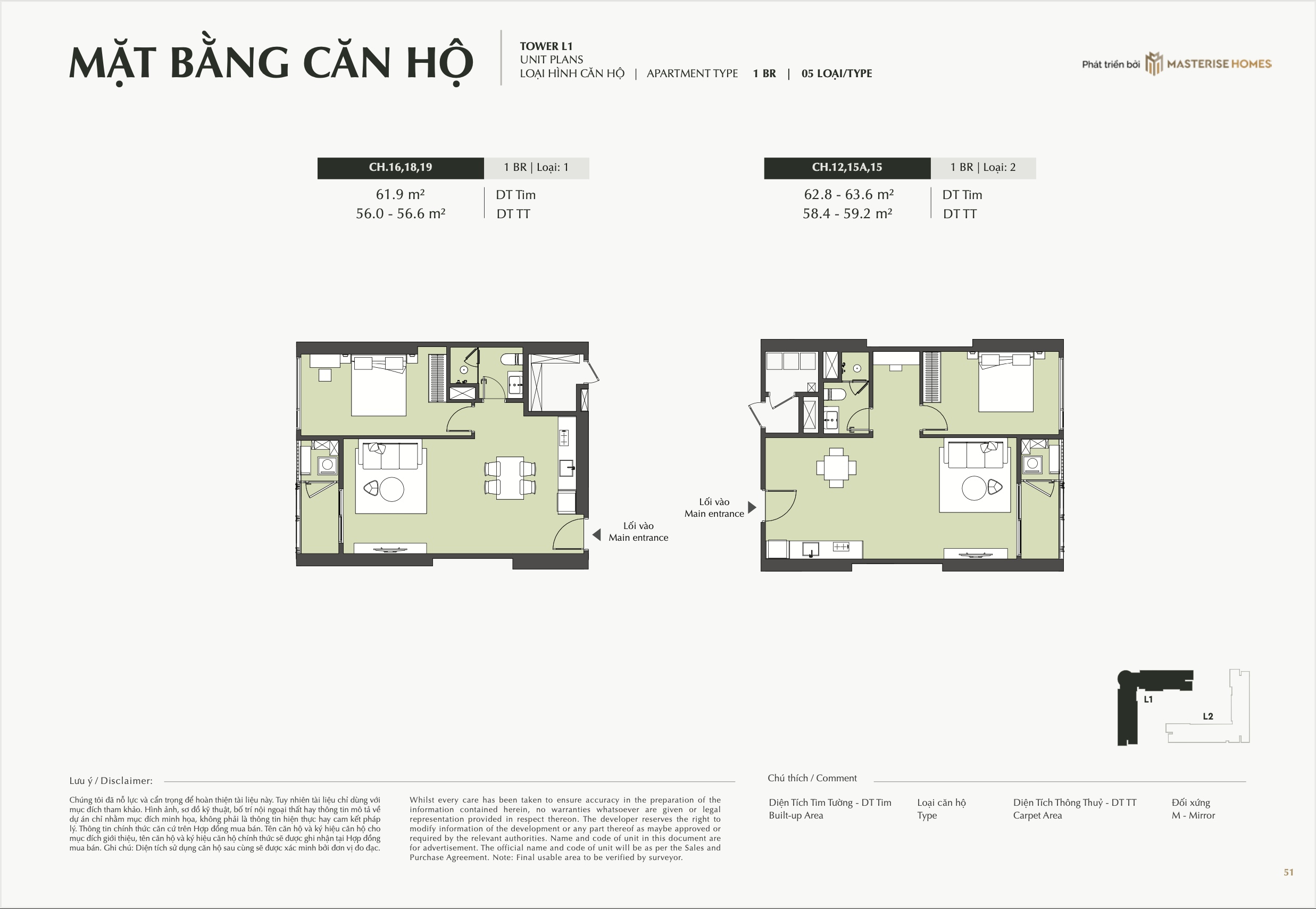 Mặt bằng căn hộ 1PN toà L1 Masterise Cao Xà Lá