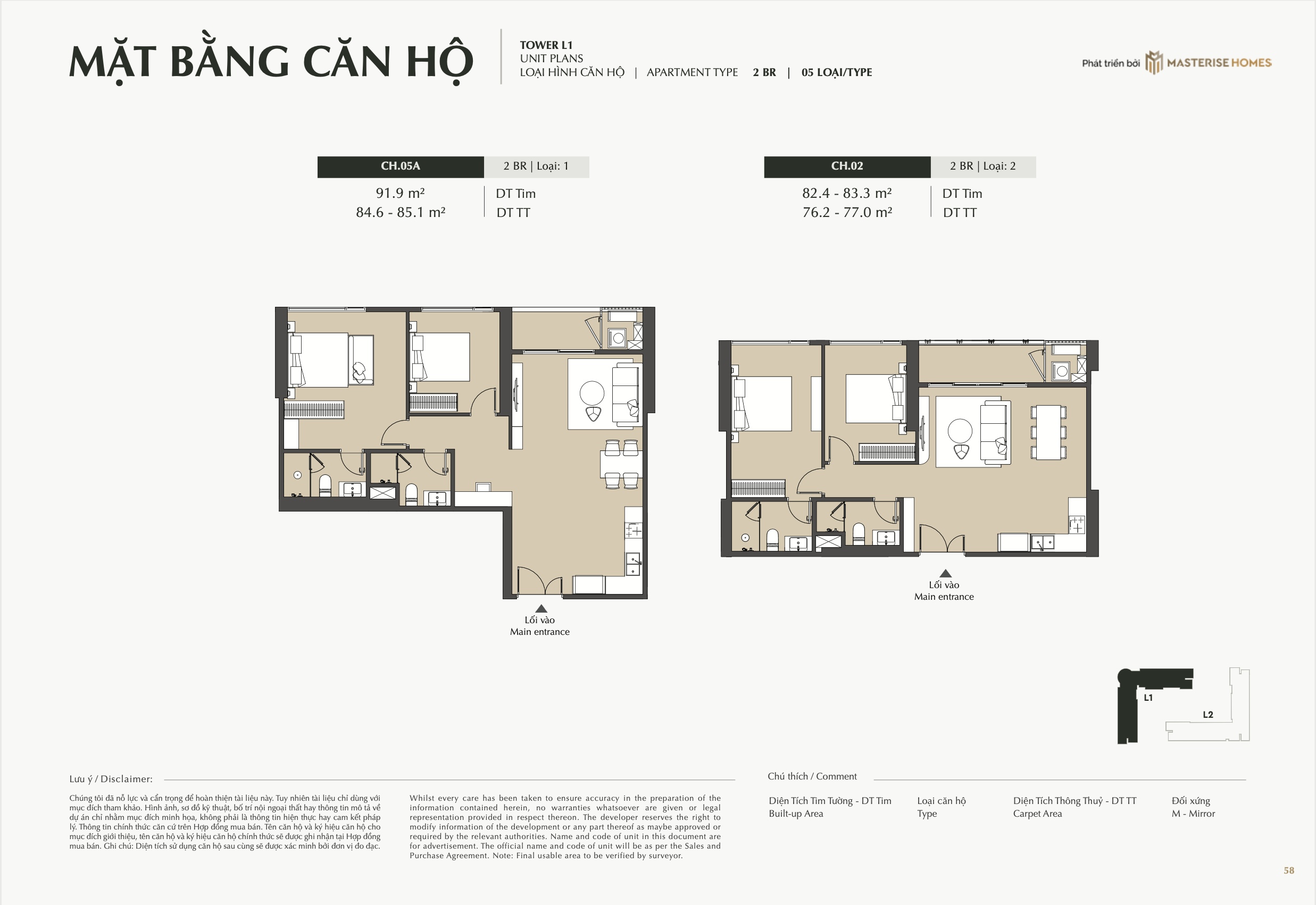 Mặt bằng căn hộ 2pn toà L1 Masterise Cao Xà Lá