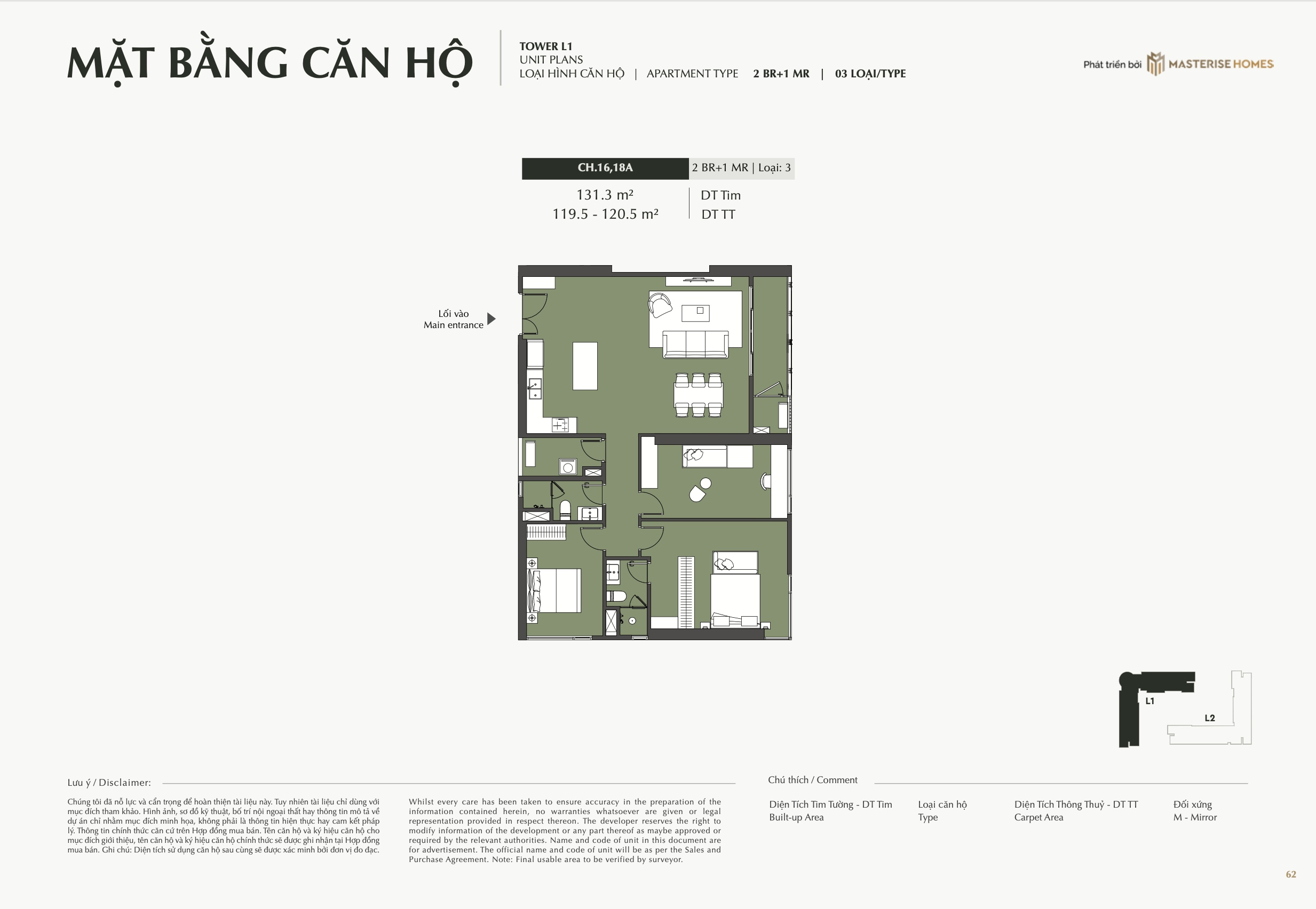 Mặt bằng căn hộ 2pn+1 căn 18A Toà L1 Masterise Cao Xà Lá
