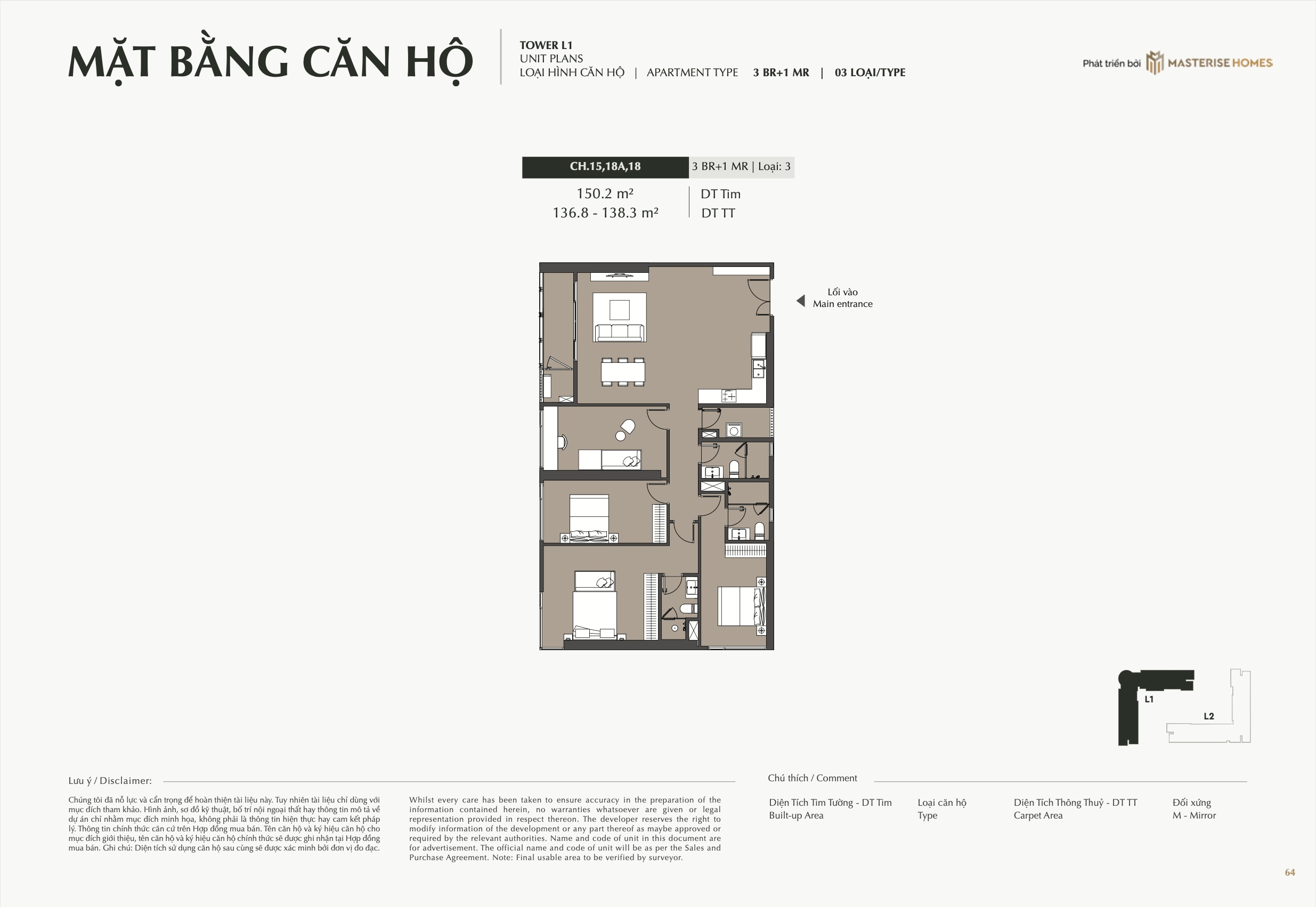 Mặt bằng căn hộ 4PN toà L1 Masterise Cao Xà Lá