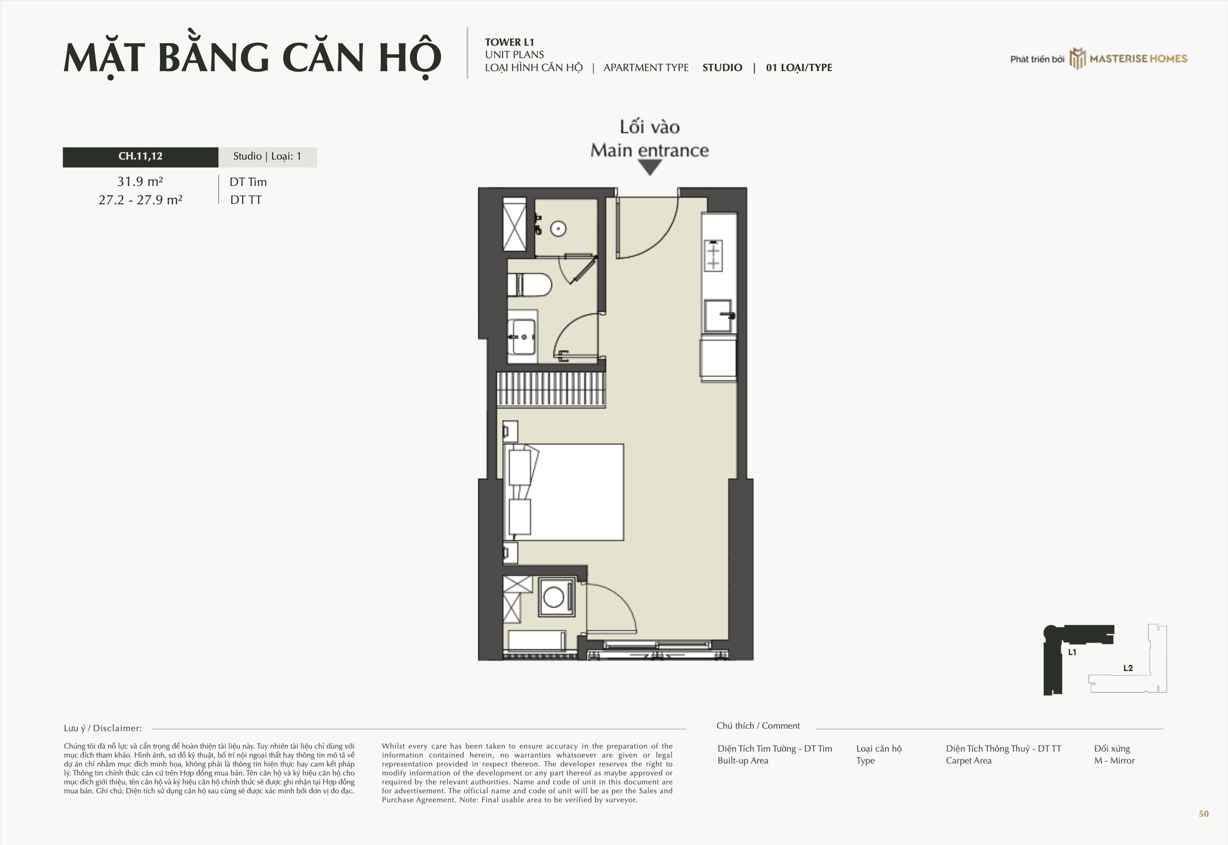 Mặt bằng căn hộ Studio toà L1 Masterise Cao Xà Lá