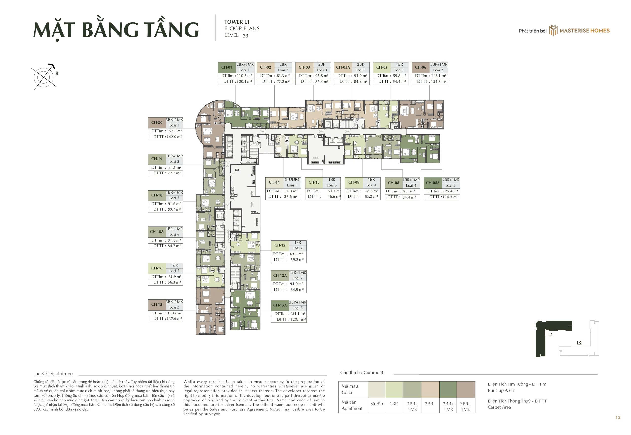 Mặt bằng toà L1 tầng 23 Masterise Cao Xà Lá