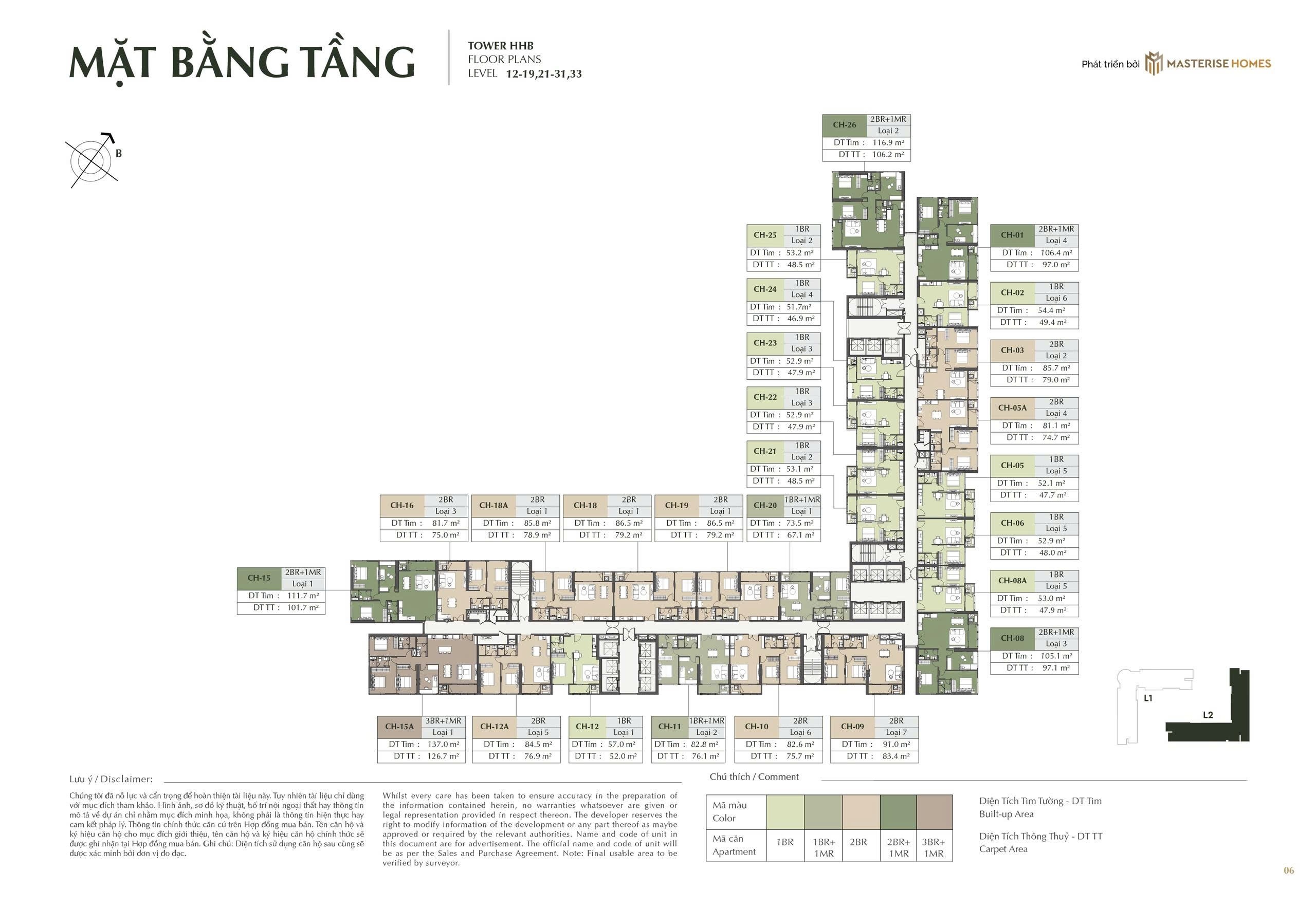 Phân tích mặt bằng toà L2 Masterise Cao Xà Lá - Hanoi Seasons Garden Mặt bằng toà L1 tầng 12-19, 21-31, 33 Masterise Cao Xà Lá